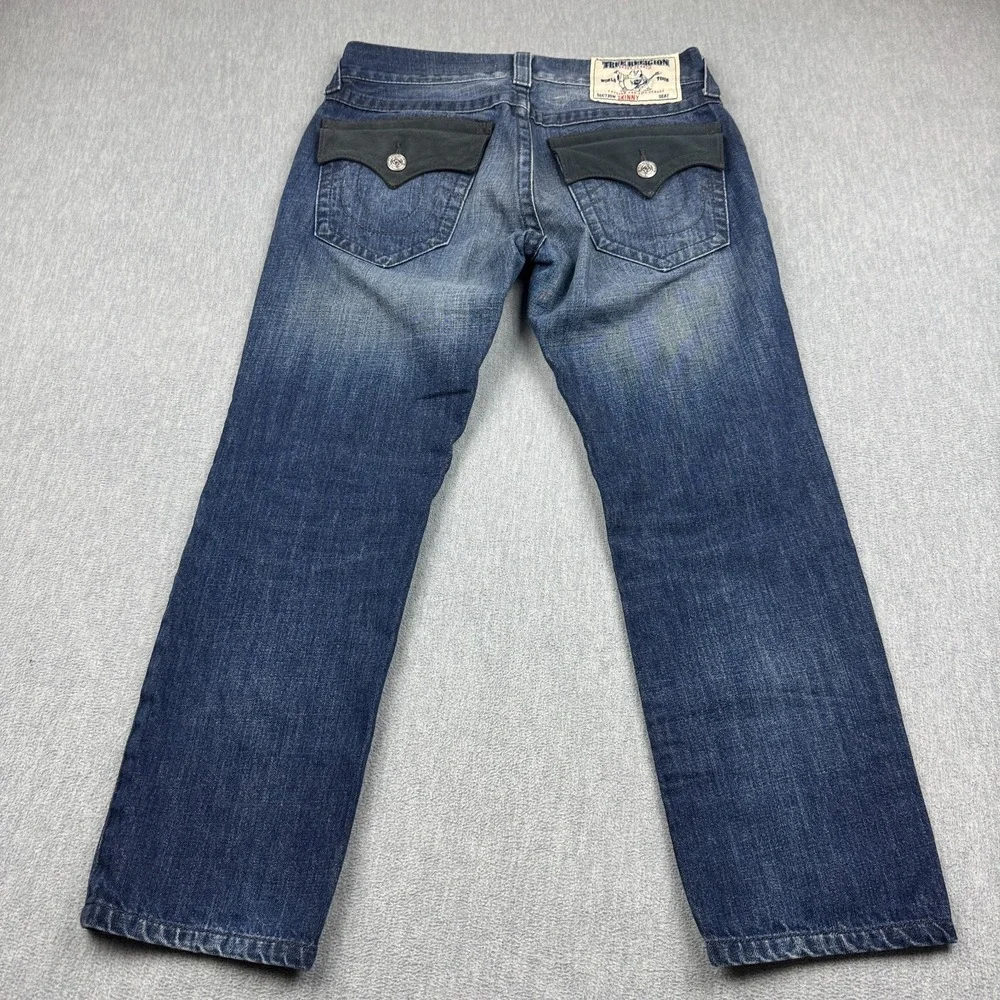 True Religion Jeans Mens 30x26 Blue Denim Skinny Flap Pocket Leather Trim Cotton